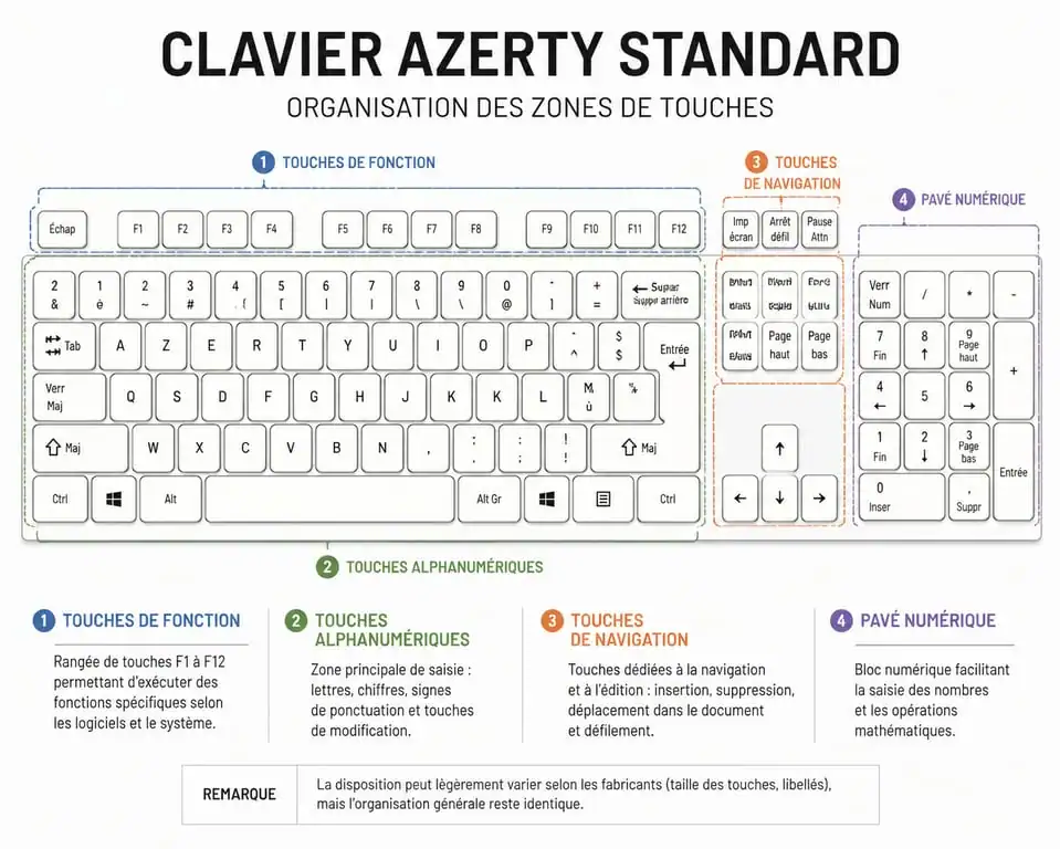 Schéma explicatif des touches du clavier AZERTY et leur rôle