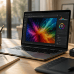 PC portable graphisme sur bureau avec palette couleur