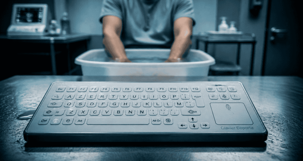 clavier déporté médical sur surface inox en milieu stérile