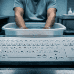 clavier déporté médical sur surface inox en milieu stérile