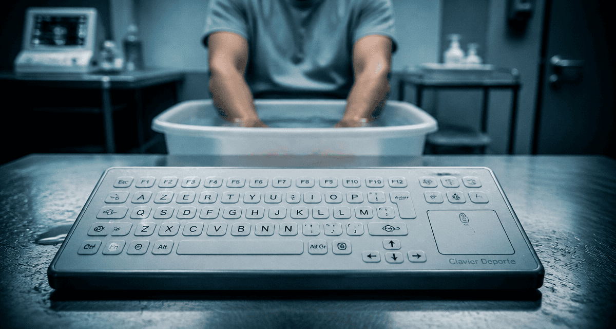 clavier déporté médical sur surface inox en milieu stérile