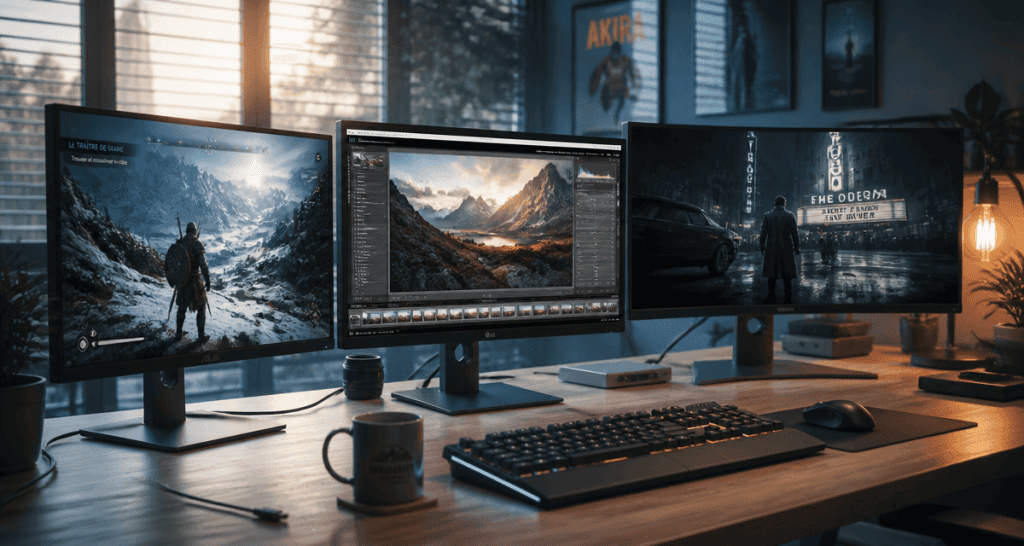 Comparatif écran PC sur bureau moderne avec trois tailles