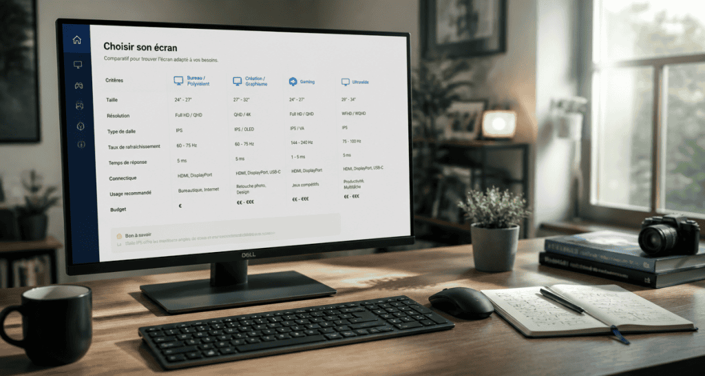 Ecran teletravail 27 pouces sur bureau
