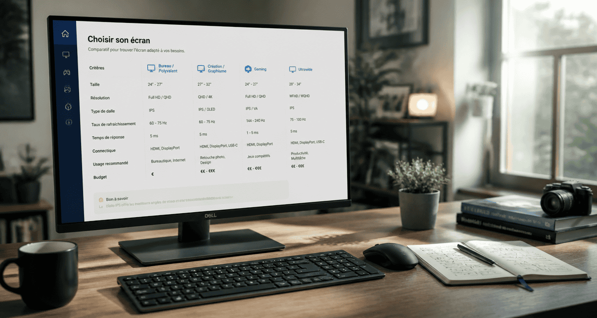 Ecran teletravail 27 pouces sur bureau
