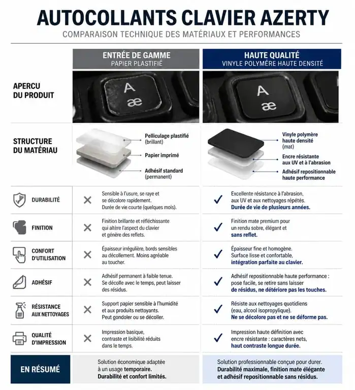 Comparatif des types d'autocollants pour clavier AZERTY : entrée de gamme vs qualité premium