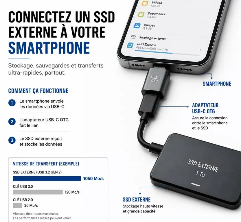 Schéma de connexion d'un smartphone à un disque dur externe via un adaptateur OTG pour transférer des photos