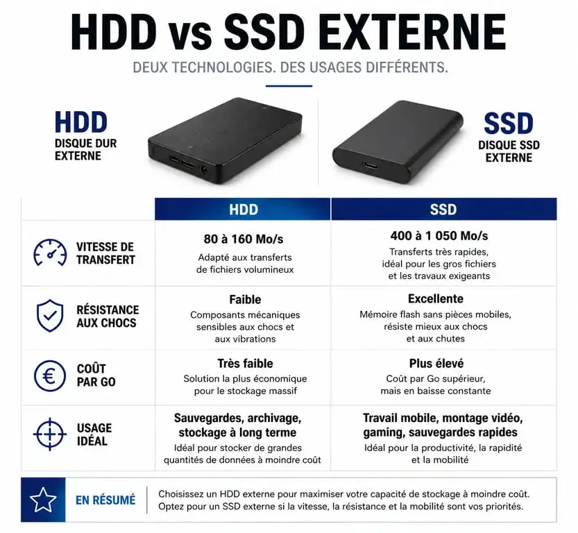 Infographie comparative HDD vs SSD pour choisir son disque dur externe
