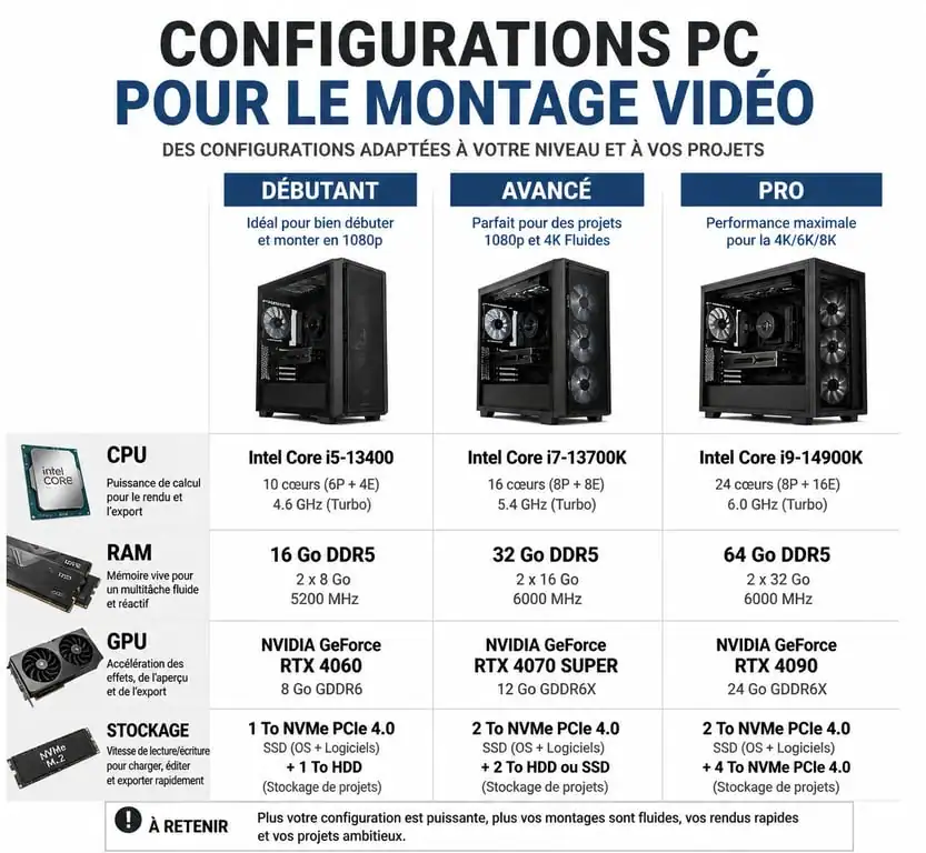 Tableau comparatif des configurations PC pour le montage vidéo