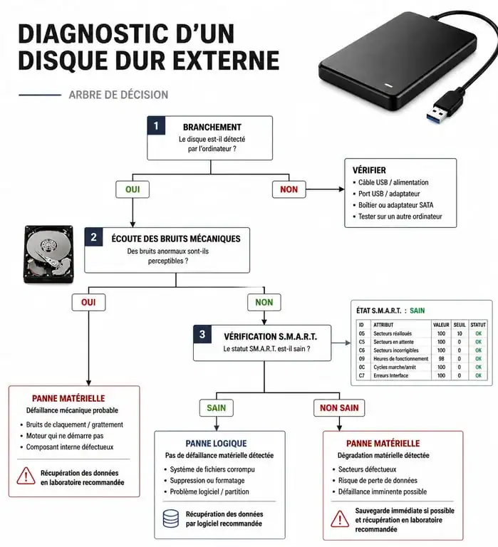 Infographie du diagnostic de réparation disque dur externe : étapes de vérification