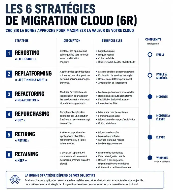 Infographie des 6 stratégies de migration vers le cloud