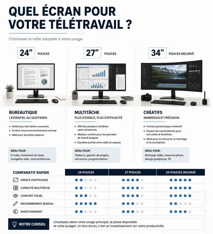 Infographie comparative des écrans pour le télétravail : choisir la taille et la résolution selon son usage
