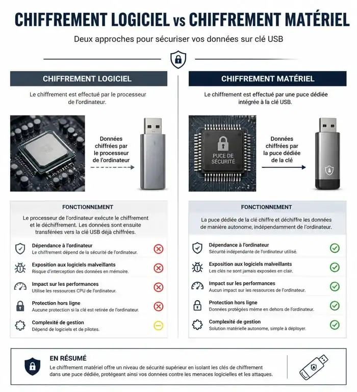 Schéma comparatif chiffrement logiciel vs matériel pour clé USB sécurisée