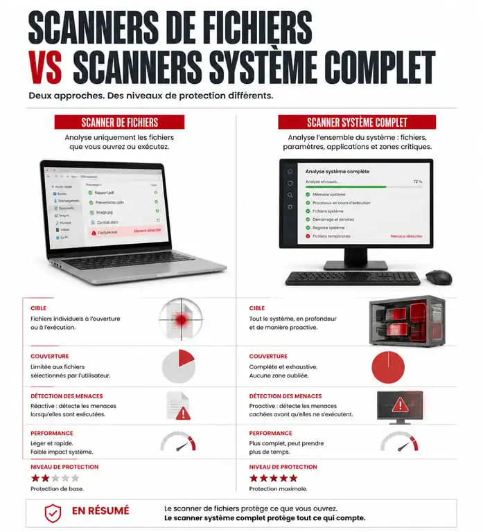 Infographie comparative : scanner de fichiers vs scanner système pour tester antivirus en ligne