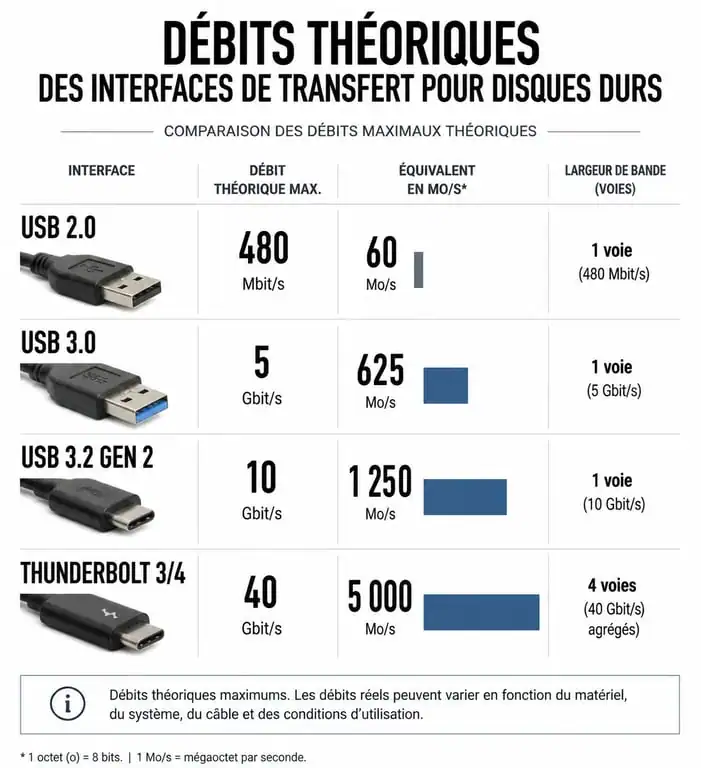 Infographie comparative des débits de transfert pour station d'accueil disque dur