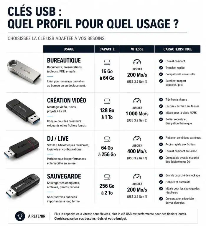 Infographie comparative des meilleures clés USB selon l'usage et les besoins techniques