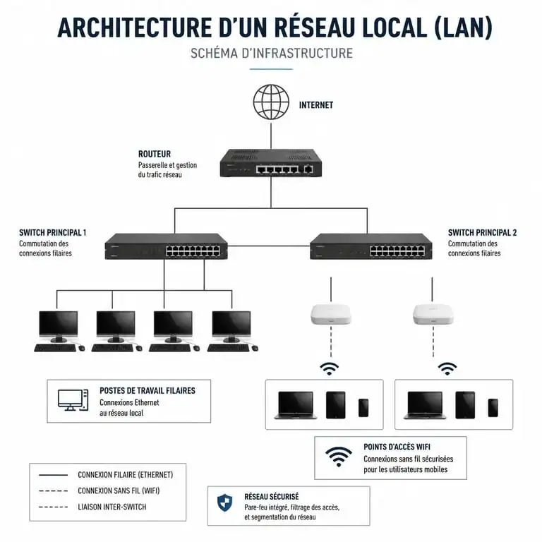 Architecture d'un réseau local LAN avec switchs et routeurs