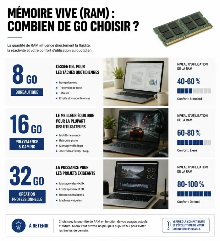 Infographie des besoins en RAM pour PC portable : 8 Go bureautique, 16 Go polyvalence, 32 Go création professionnelle