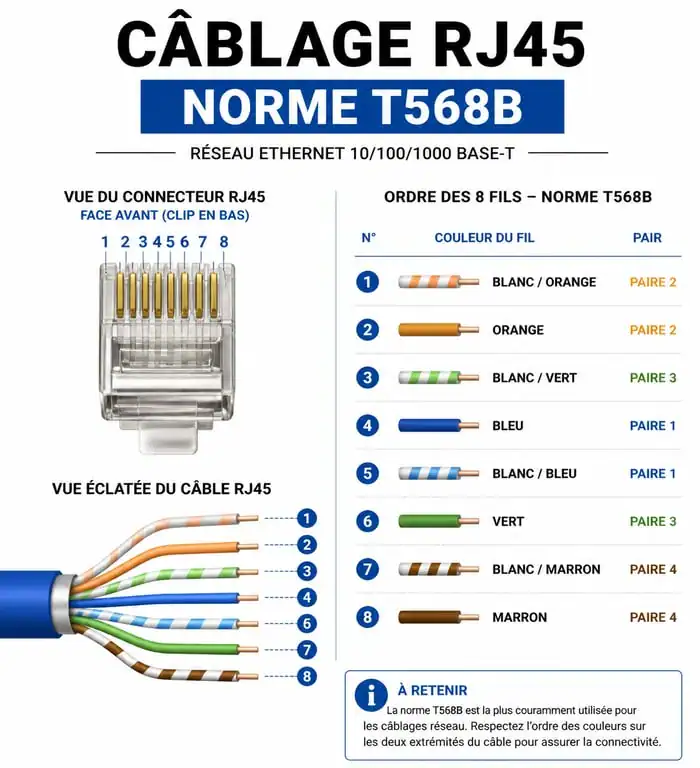 Schéma de câblage RJ45 norme T568B pour installation réseau