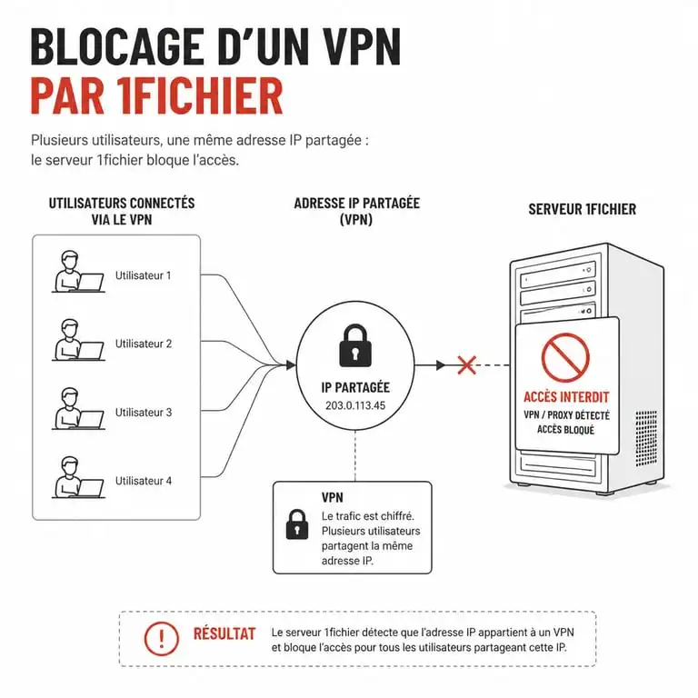 Schéma explicatif du blocage des adresses IP partagées par 1fichier lors de l'utilisation d'un VPN