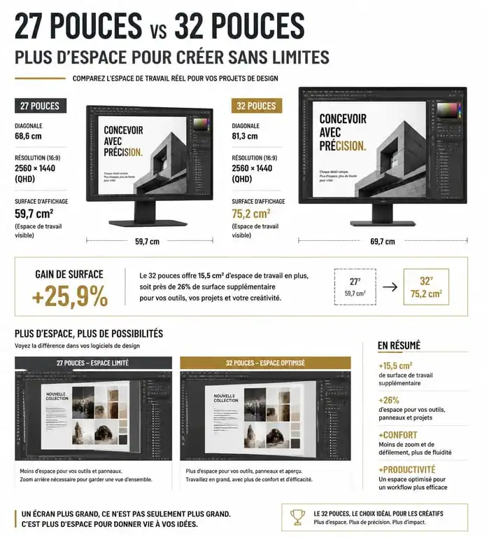 Comparatif visuel écran 27 pouces vs 32 pouces pour le graphisme