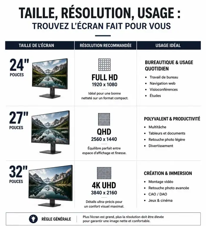 Infographie comparative des résolutions et tailles d'écran PC pour choisir le meilleur moniteur