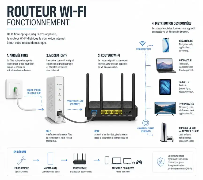 Schéma illustrant le fonctionnement d'un routeur Wi-Fi et la distribution des données dans un réseau domestique