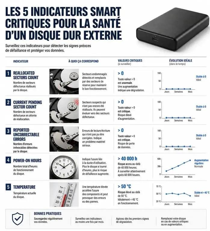 Infographie des attributs SMART pour tester un disque dur externe et vérifier son état de santé
