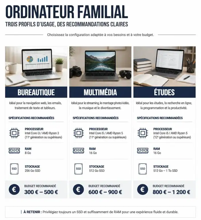 Infographie des configurations recommandées pour choisir un ordinateur portable familial selon les usages