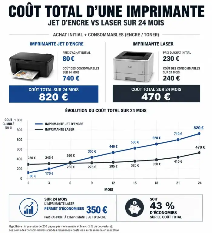 Infographie comparative du coût total d'utilisation entre imprimante jet d'encre et laser