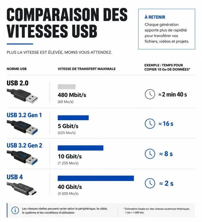 Infographie comparative de la rapidité des différentes normes de clé USB