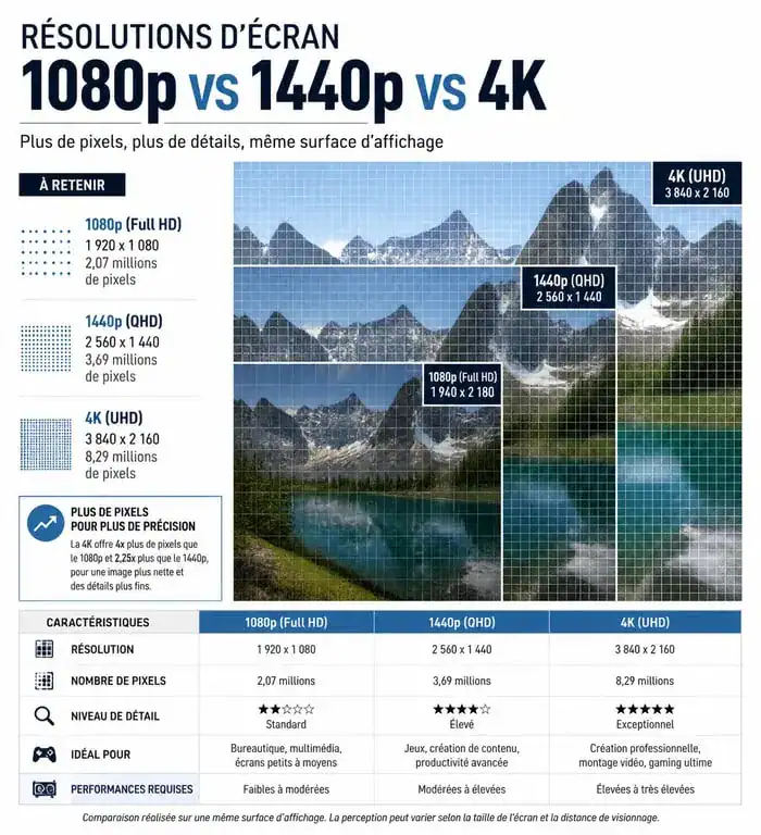 Comparaison visuelle des résolutions d'écran Full HD, QHD et 4K pour comprendre la netteté.