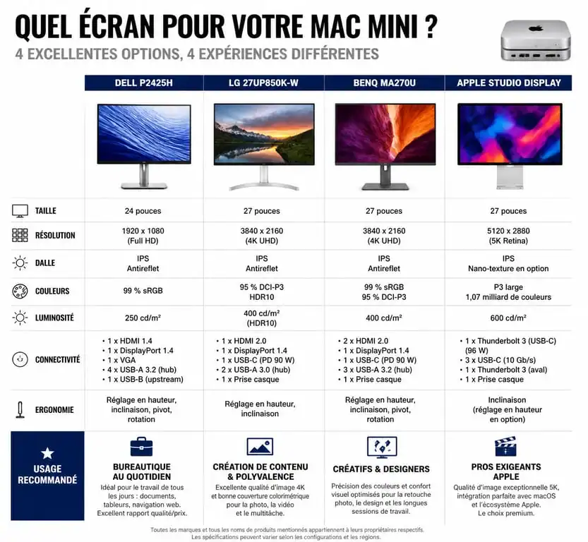 Comparatif des meilleurs écrans pour Mac Mini : Dell, LG, BenQ et Apple Studio Display