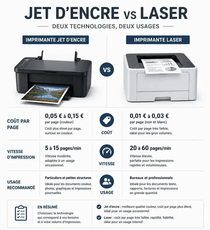 Infographie comparative imprimante jet d'encre vs laser pour achat chez Super U