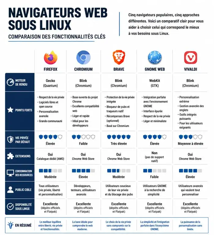 Infographie comparative des navigateurs internet disponibles sur Linux