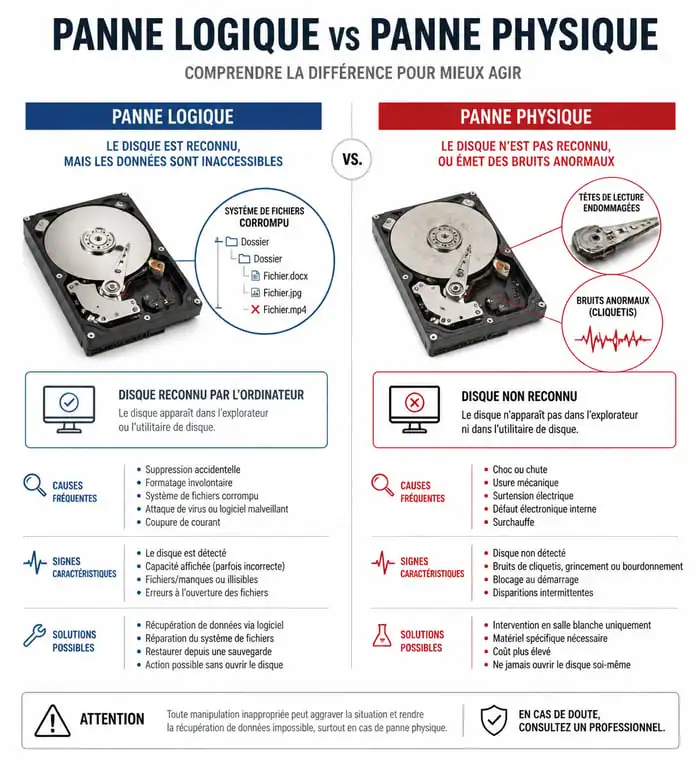 Infographie diagnostic panne disque dur externe logique vs physique