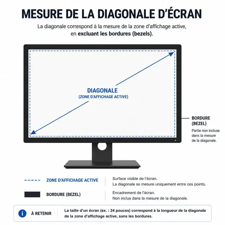 Schéma illustrant comment mesurer la diagonale de son écran PC pour connaître la taille de son écran