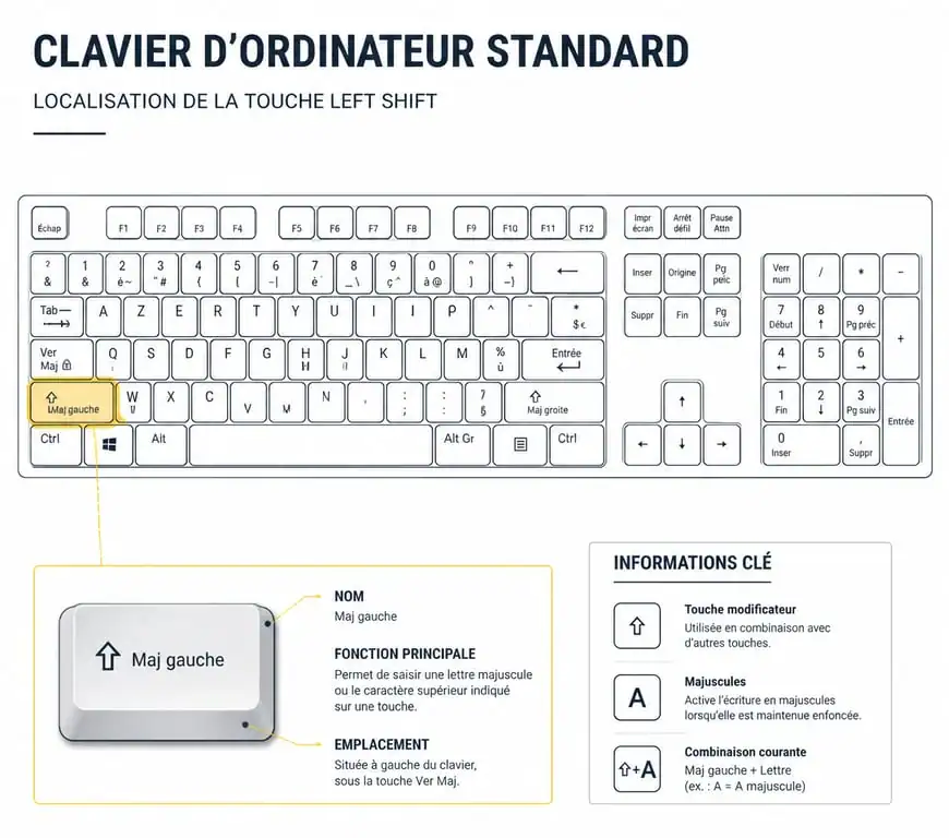 Emplacement de la touche left shift sur un clavier d'ordinateur