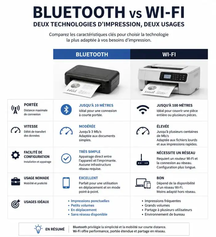 Infographie comparative des technologies d'impression Bluetooth et Wi-Fi pour imprimante en bluetooth