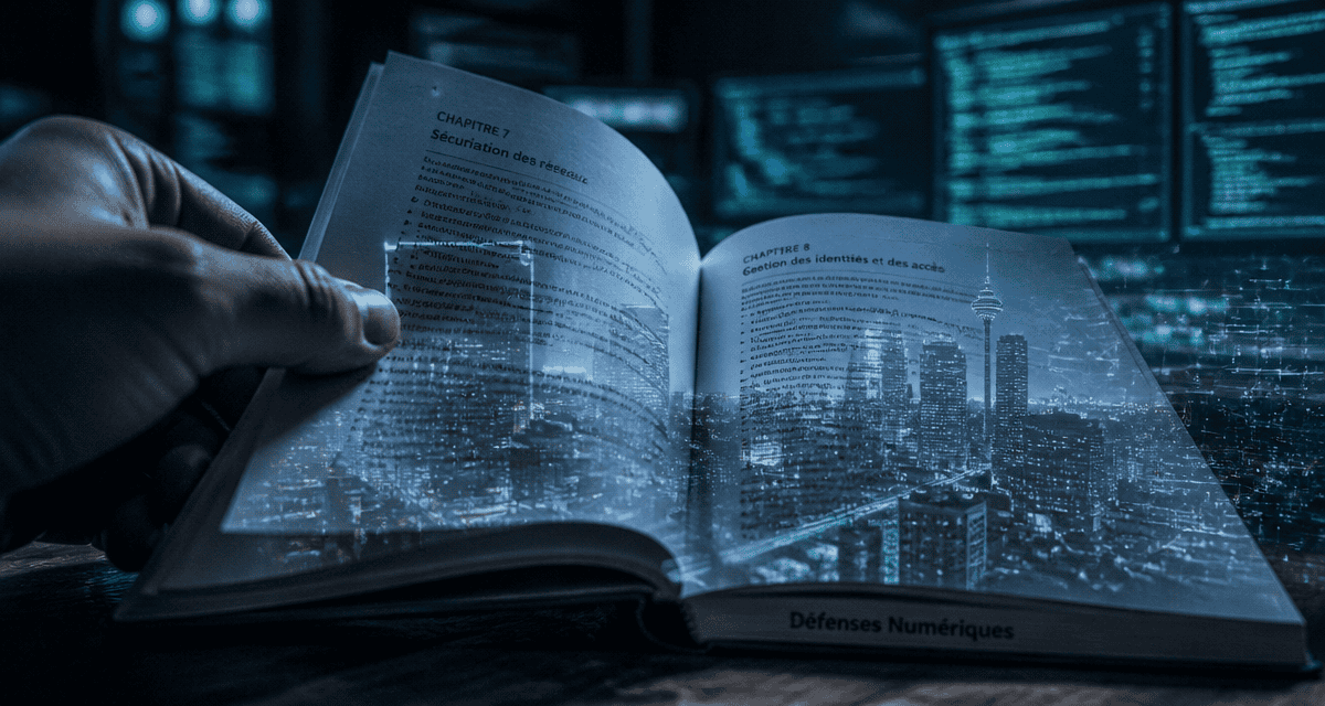 Livre cybersécurité ouvert sur bureau avec codes