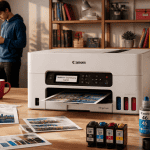meilleure imprimante Canon sur bureau moderne avec MegaTank et cartouches