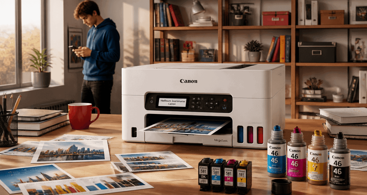 meilleure imprimante Canon sur bureau moderne avec MegaTank et cartouches