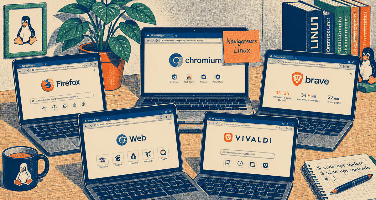 quel navigateur internet peut-on télécharger sur linux, ordinateurs affichant Firefox Chromium Brave GNOME Web Vivaldi
