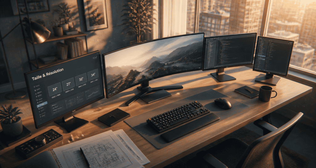 taille ecran pc differents modèles alignés sur bureau
