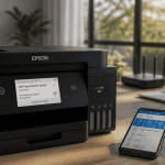 wifi imprimante Epson sur bureau avec smartphone