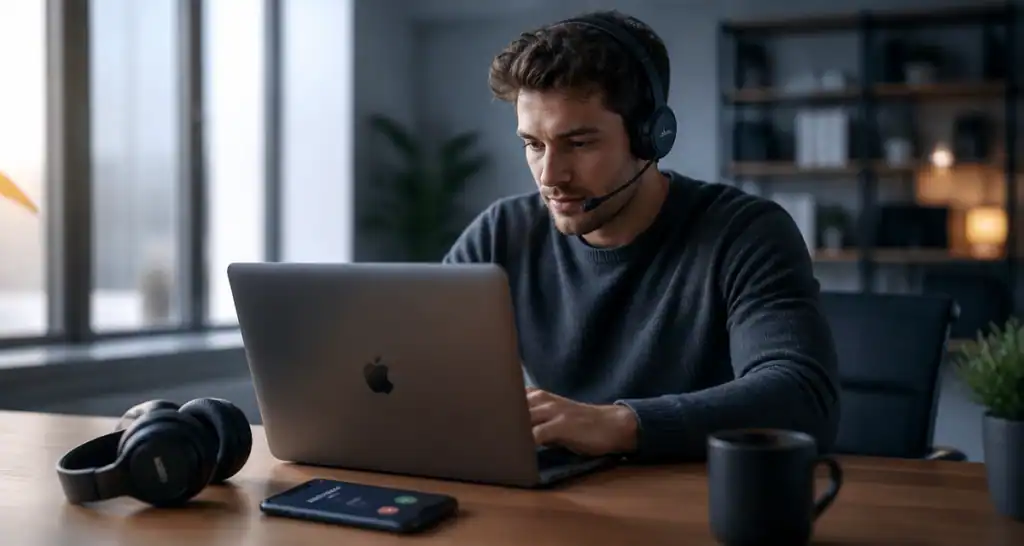 casque avec micro sans fil sur bureau moderne