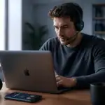 casque avec micro sans fil sur bureau moderne
