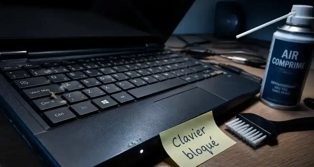 Clavier ordinateur bloqué avec miette coincée près d’une touche