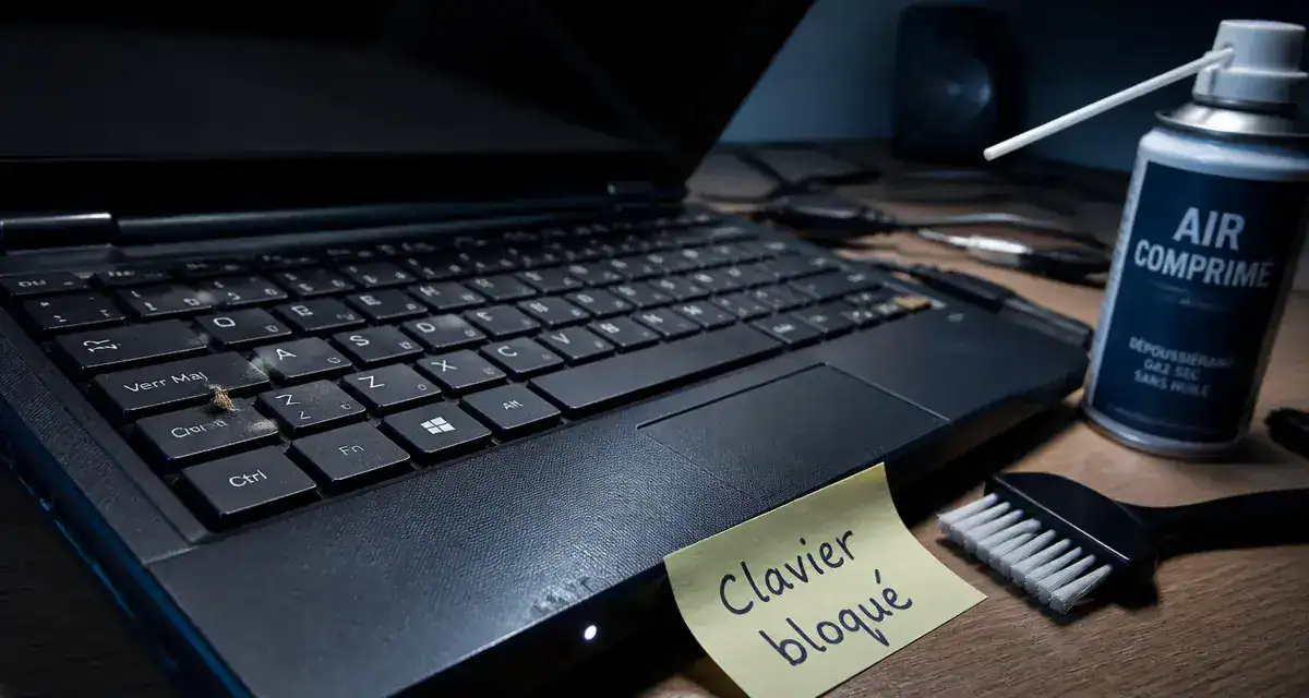Clavier ordinateur bloqué avec miette coincée près d’une touche