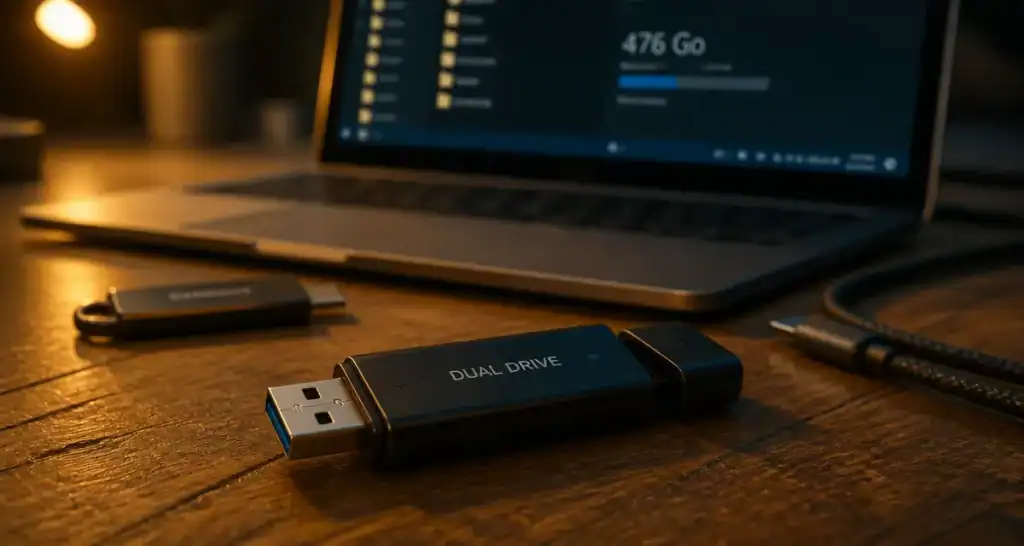 Clef usb 500 go : clé USB fiable sur bureau, USB-A et USB-C visibles