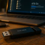 Clef usb 500 go : clé USB fiable sur bureau, USB-A et USB-C visibles